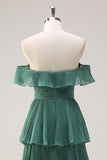 Eucalyptus A-Line Off The Shoulder Tiered Pleated Floor Length Bridesmaid Dress