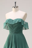 Eucalyptus A-Line Off The Shoulder Tiered Pleated Floor Length Bridesmaid Dress