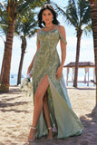 A Line Cold Shoulder Burnout Velvet Dusty Sage Long Bridesmaid Dress with Slit