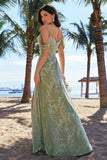 A Line Cold Shoulder Burnout Velvet Dusty Sage Long Bridesmaid Dress with Slit