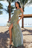 A Line Cold Shoulder Burnout Velvet Dusty Sage Long Bridesmaid Dress with Slit