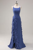 Dark Blue Sheath Spaghetti Straps Long Ruffle Bridesmaid Dress with Slit