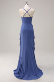 Dark Blue Sheath Spaghetti Straps Long Ruffle Bridesmaid Dress with Slit