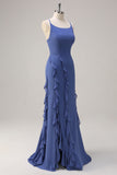 Dark Blue Sheath Spaghetti Straps Long Ruffle Bridesmaid Dress with Slit