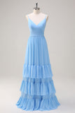 Blue A Line Spaghetti Straps Chiffon Tiered Floor Length Bridesmaid Dress