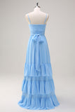 Blue A Line Spaghetti Straps Chiffon Tiered Floor Length Bridesmaid Dress