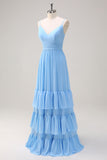 Blue A Line Spaghetti Straps Chiffon Tiered Floor Length Bridesmaid Dress