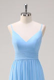 Blue A Line Spaghetti Straps Chiffon Tiered Floor Length Bridesmaid Dress