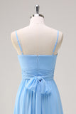 Blue A Line Spaghetti Straps Chiffon Tiered Floor Length Bridesmaid Dress