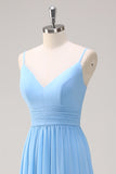 Blue A Line Spaghetti Straps Chiffon Tiered Floor Length Bridesmaid Dress