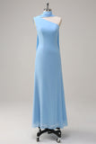 Blue Sheath Chiffon Watteau Train Long Bridesmaid Dress