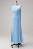 Blue Sheath Chiffon Watteau Train Long Bridesmaid Dress