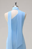 Blue Sheath Chiffon Watteau Train Long Bridesmaid Dress