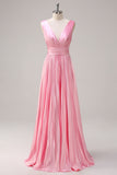 Pink A Line V Neck Ruched Open Back Bright Satin Long Bridesmaid Dress