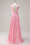 Pink A Line V Neck Ruched Open Back Bright Satin Long Bridesmaid Dress