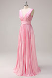 Pink A Line V Neck Ruched Open Back Bright Satin Long Bridesmaid Dress