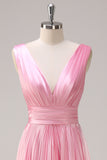 Pink A Line V Neck Ruched Open Back Bright Satin Long Bridesmaid Dress