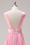 Pink A Line V Neck Ruched Open Back Bright Satin Long Bridesmaid Dress