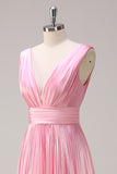 Pink A Line V Neck Ruched Open Back Bright Satin Long Bridesmaid Dress