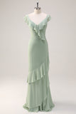 Dusty Sage Sheath V Neck Open Back Chiffon Long Bridesmaid Dress with Ruffles