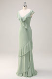 Dusty Sage Sheath V Neck Open Back Chiffon Long Bridesmaid Dress with Ruffles