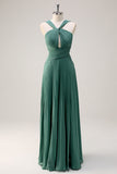 Eucalyptus A-Line Hollow Out Pleated Floor Length Bridesmaid Dress with Slit