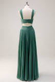 Eucalyptus A-Line Hollow Out Pleated Floor Length Bridesmaid Dress with Slit