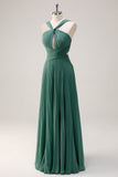 Eucalyptus A-Line Hollow Out Pleated Floor Length Bridesmaid Dress with Slit