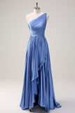 Blue A Line One Shoulder Ruched High-Low Bridesmaid Dress with Slit