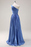 Blue A Line One Shoulder Ruched High-Low Bridesmaid Dress with Slit