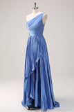 Blue A Line One Shoulder Ruched High-Low Bridesmaid Dress with Slit