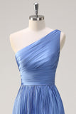 Blue A Line One Shoulder Ruched High-Low Bridesmaid Dress with Slit