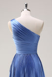 Blue A Line One Shoulder Ruched High-Low Bridesmaid Dress with Slit