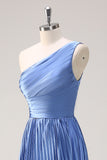 Blue A Line One Shoulder Ruched High-Low Bridesmaid Dress with Slit