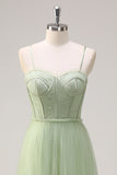 Sage A Line Spaghetti Straps Corset Long Tulle Bridesmaid Dress