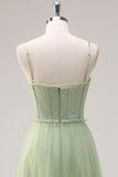 Sage A Line Spaghetti Straps Corset Long Tulle Bridesmaid Dress