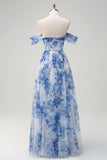 White Blue Flower A-Line Off the Shoulder Ruched Corset Floor Length Dress with Slit