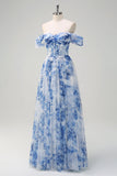 White Blue Flower A-Line Off the Shoulder Ruched Corset Floor Length Dress with Slit