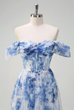 White Blue Flower A-Line Off the Shoulder Ruched Corset Floor Length Dress with Slit