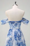 White Blue Flower A-Line Off the Shoulder Ruched Corset Floor Length Dress with Slit