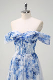 White Blue Flower A-Line Off the Shoulder Ruched Corset Floor Length Dress with Slit