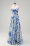 White Blue Flower A-Line Off the Shoulder Ruched Corset Floor Length Dress with Slit