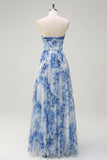 White Blue Flower A-Line Off the Shoulder Ruched Corset Floor Length Dress with Slit