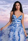 White Blue Flower A Line Spaghetti Straps Corset Long Bridesmaid Dress