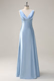 Sky Blue A-Line V Neck Ruched Long Bridesmaid Dress