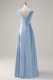 Sky Blue A-Line V Neck Ruched Long Bridesmaid Dress