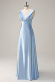 Sky Blue A-Line V Neck Ruched Long Bridesmaid Dress