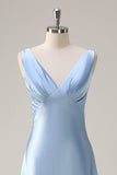 Sky Blue A-Line V Neck Ruched Long Bridesmaid Dress