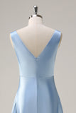 Sky Blue A-Line V Neck Ruched Long Bridesmaid Dress