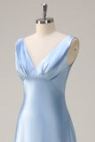 Sky Blue A-Line V Neck Ruched Long Bridesmaid Dress